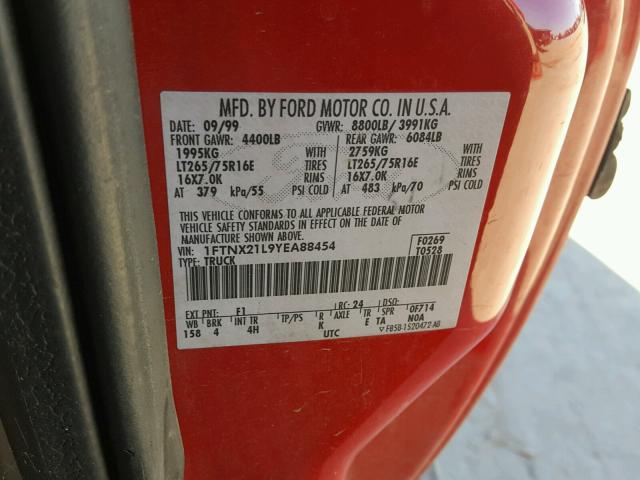 1FTNX21L9YEA88454 - 2000 FORD F250 SUPER RED photo 10