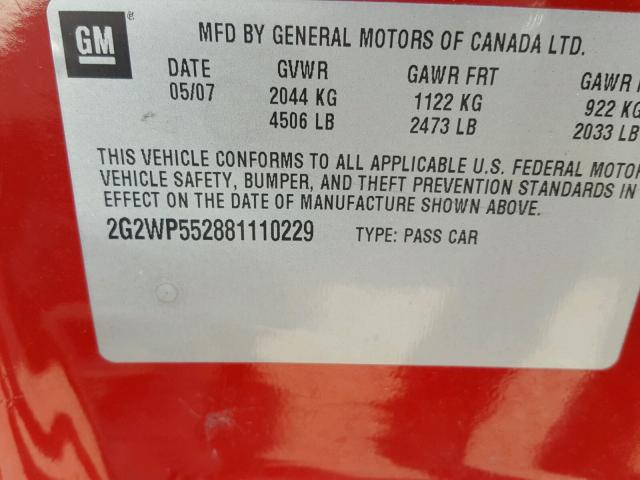 2G2WP552881110229 - 2008 PONTIAC GRAND PRIX RED photo 10