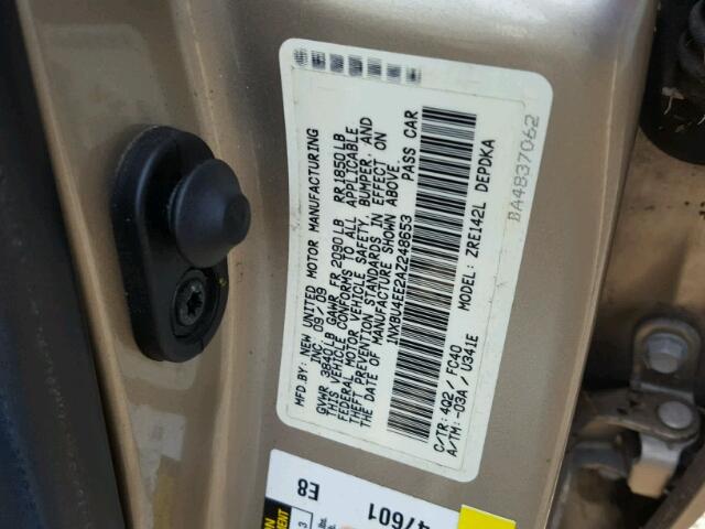 1NXBU4EE2AZ248653 - 2010 TOYOTA COROLLA GOLD photo 10