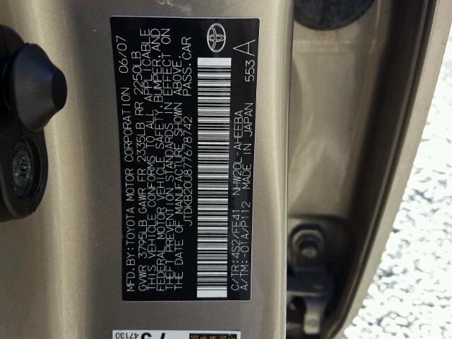 JTDKB20U877678742 - 2007 TOYOTA PRIUS GOLD photo 10