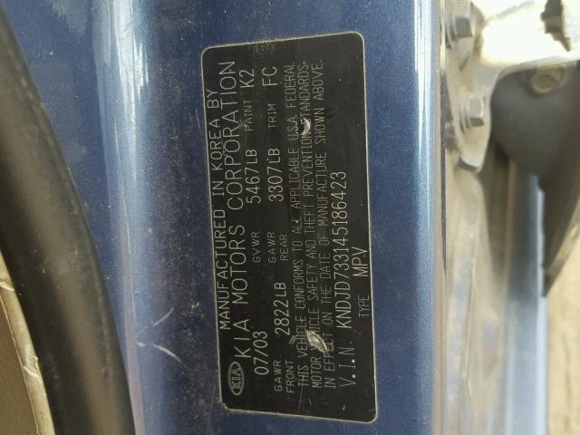 KNDJD733145186423 - 2004 KIA SORENTO EX BLUE photo 10