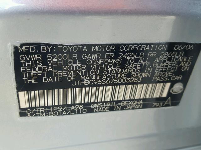 JTHBC96S675003283 - 2007 LEXUS GS 450H SILVER photo 10