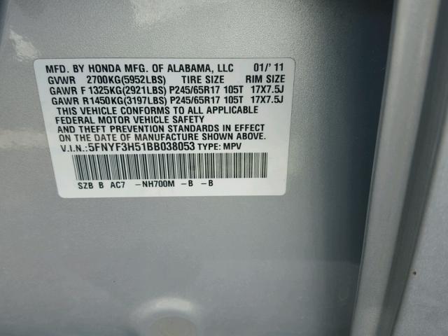 5FNYF3H51BB038053 - 2011 HONDA PILOT EXL SILVER photo 10