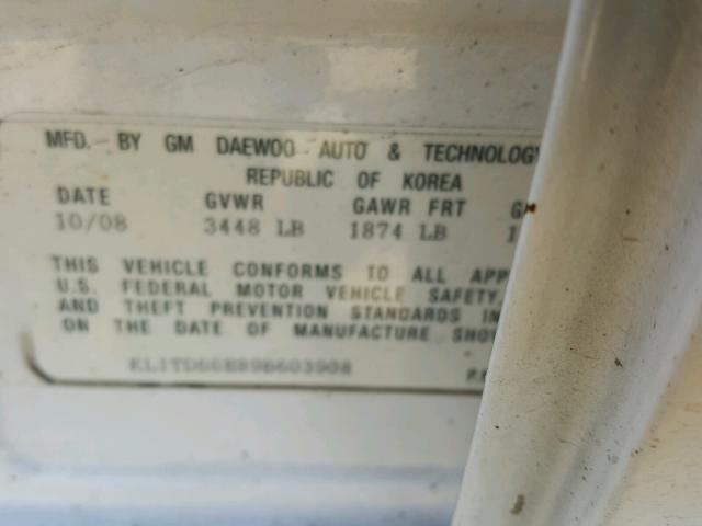 KL1TD66E89B603908 - 2009 CHEVROLET AVEO LS WHITE photo 10