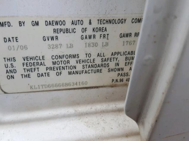 KL1TD66666B634160 - 2006 CHEVROLET AVEO BASE Ақ фото 10