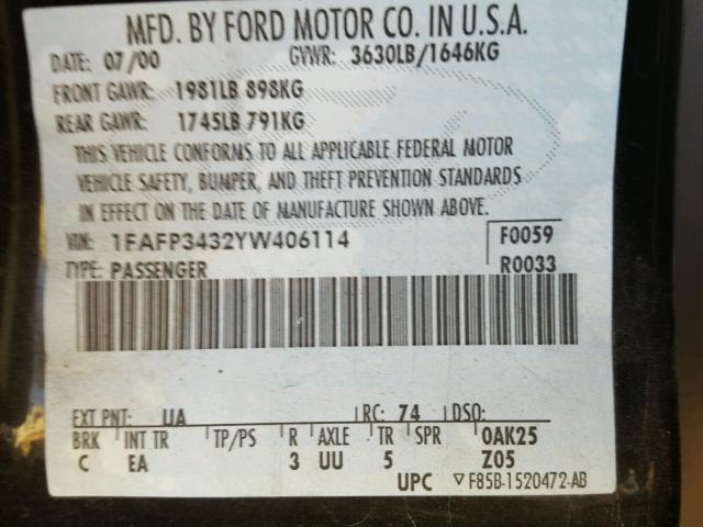 1FAFP3432YW406114 - 2000 FORD FOCUS SE BLACK photo 10