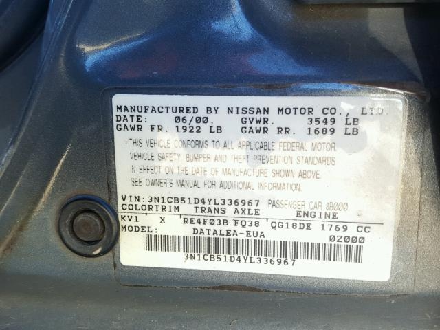 3N1CB51D4YL336967 - 2000 NISSAN SENTRA BAS GRAY photo 10