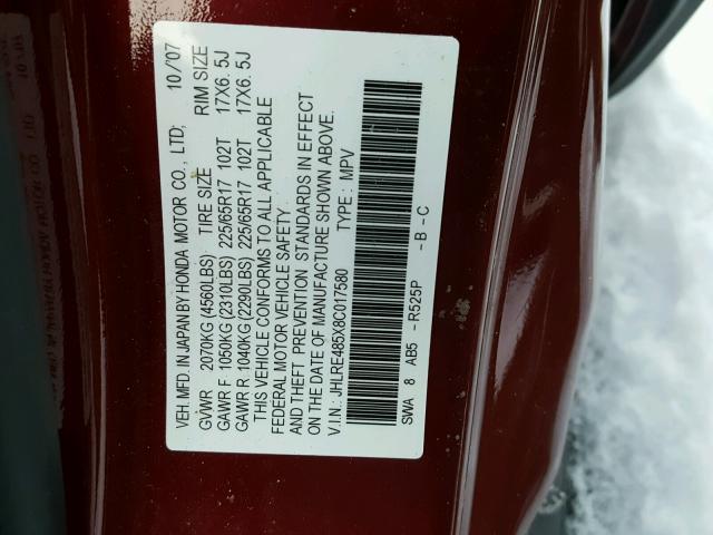 JHLRE485X8C017580 - 2008 HONDA CR-V EX MAROON photo 10