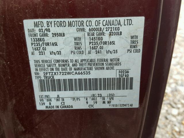 2FTZX1722WCA66535 - 1998 FORD F150 BURGUNDY photo 10