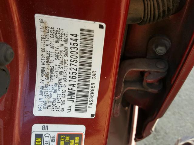 JHMFA16527S003544 - 2007 HONDA CIVIC LX RED photo 10