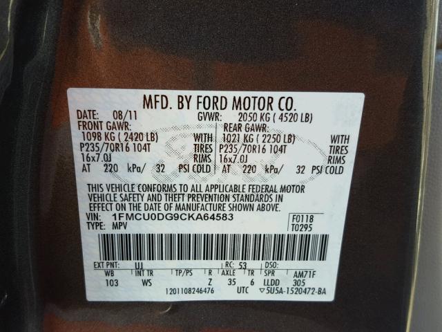 1FMCU0DG9CKA64583 - 2012 FORD ESCAPE XLT CHARCOAL photo 10