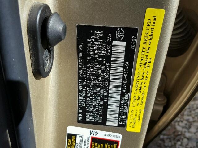 4T1BF3EK3BU698386 - 2011 TOYOTA CAMRY BASE BEIGE photo 10