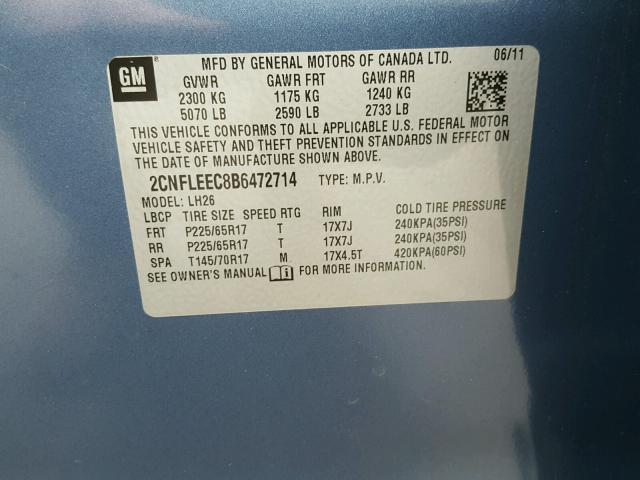 2CNFLEEC8B6472714 - 2011 CHEVROLET EQUINOX LT BLUE photo 10