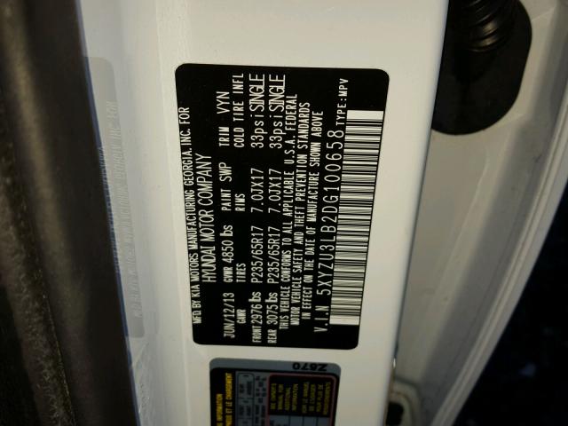 5XYZU3LB2DG100658 - 2013 HYUNDAI SANTA FE S WHITE photo 10