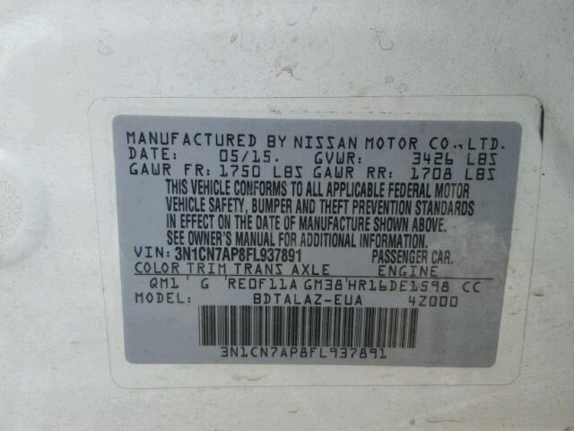 3N1CN7AP8FL937891 - 2015 NISSAN VERSA S WHITE photo 10