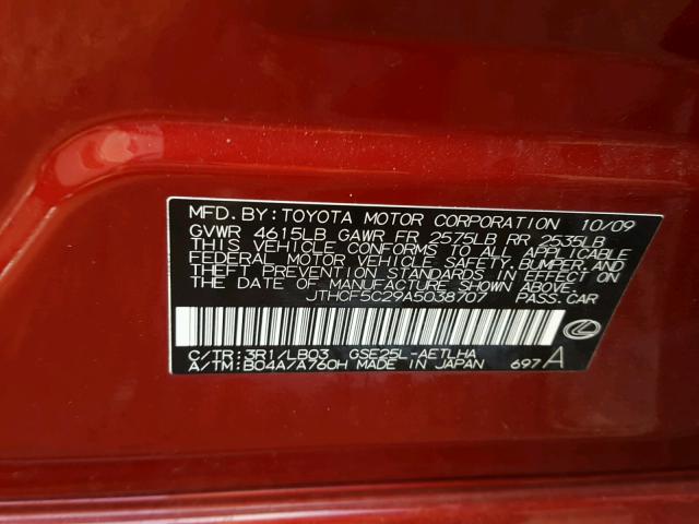 JTHCF5C29A5038707 - 2010 LEXUS IS 250 RED photo 10