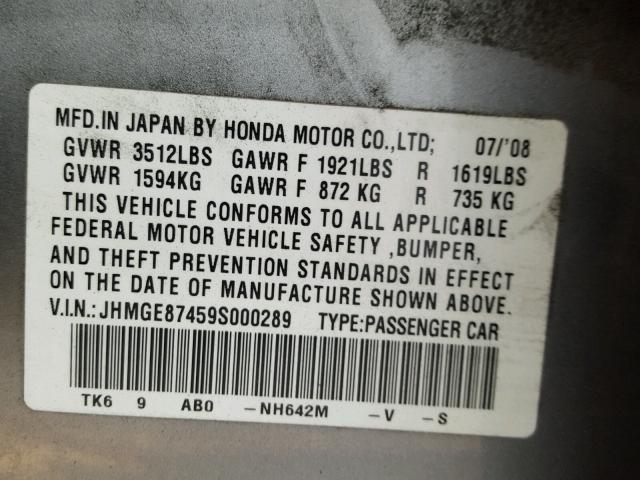 JHMGE87459S000289 - 2009 HONDA FIT SPORT GRAY photo 10