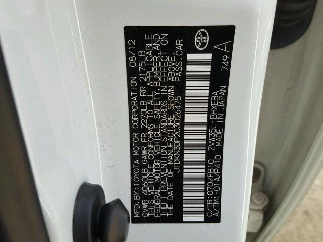 JTDKN3DP2C3026475 - 2012 TOYOTA PRIUS PLUG WHITE photo 10