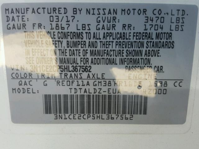 3N1CE2CP5HL367562 - 2017 NISSAN VERSA NOTE WHITE photo 10