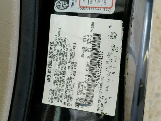 3FAHP07Z68R274517 - 2008 FORD FUSION SE BLACK photo 10