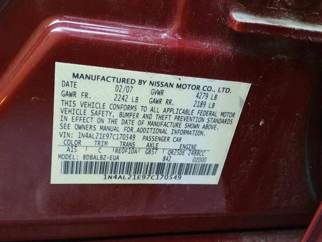 1N4AL21E97C170549 - 2007 NISSAN ALTIMA 2.5 MAROON photo 10