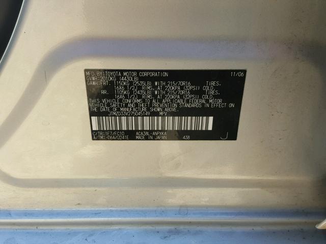 JTMZD33V275045149 - 2007 TOYOTA RAV4 SILVER photo 10