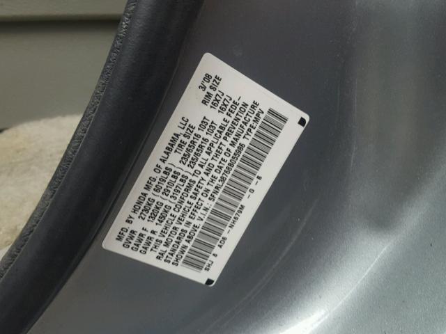 5FNRL38768B055986 - 2008 HONDA ODYSSEY EX GRAY photo 10