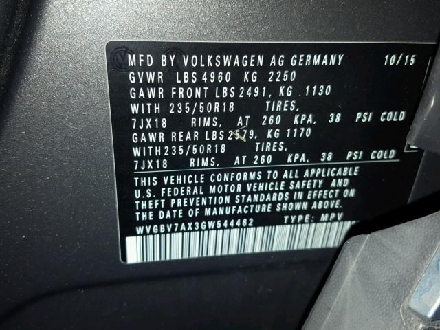 WVGBV7AX3GW544462 - 2016 VOLKSWAGEN TIGUAN S CHARCOAL photo 10