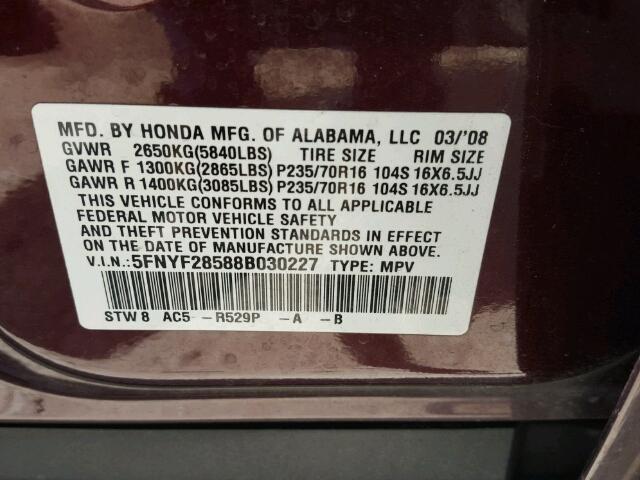 5FNYF28588B030227 - 2008 HONDA PILOT EXL BURGUNDY photo 10