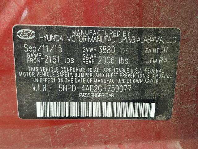 5NPDH4AE2GH759077 - 2016 HYUNDAI ELANTRA SE RED photo 10