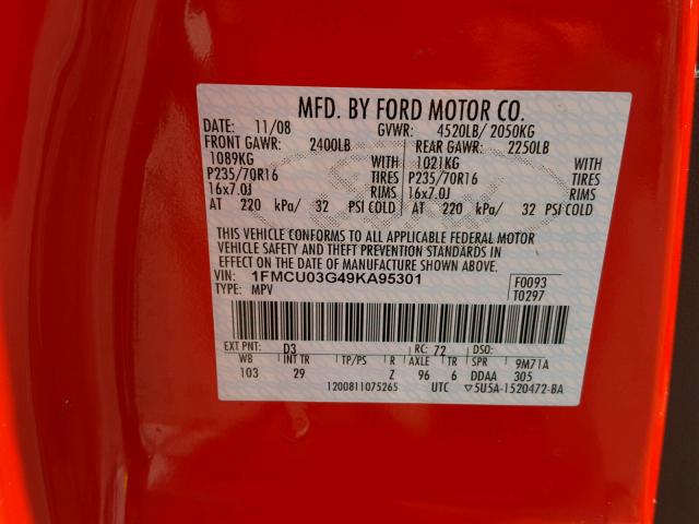 1FMCU03G49KA95301 - 2009 FORD ESCAPE XLT RED photo 10