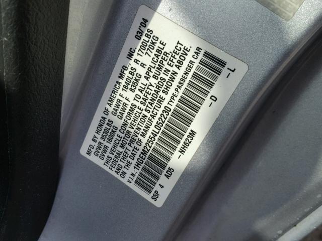 1HGEM22554L052230 - 2004 HONDA CIVIC LX SILVER photo 10