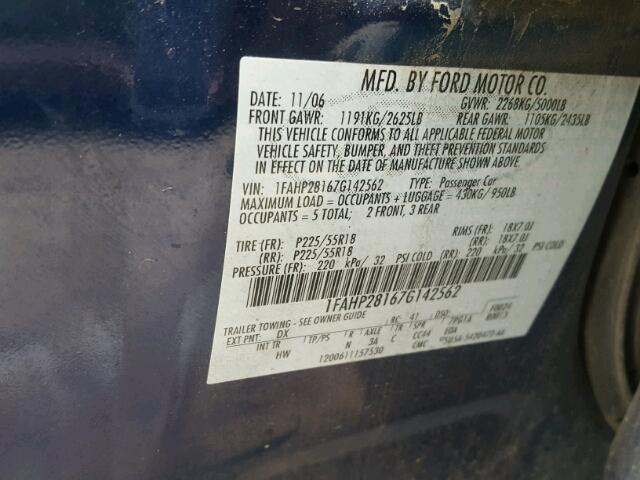 1FAHP28167G142562 - 2007 FORD FIVE HUNDR BLUE photo 10