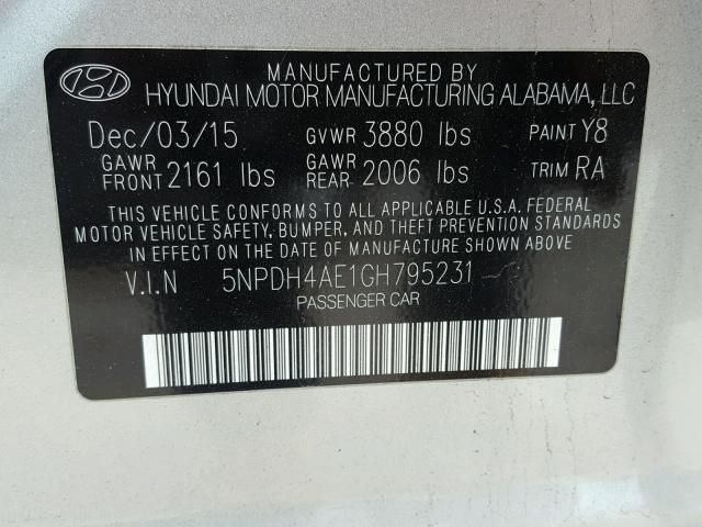 5NPDH4AE1GH795231 - 2016 HYUNDAI ELANTRA SE SILVER photo 10