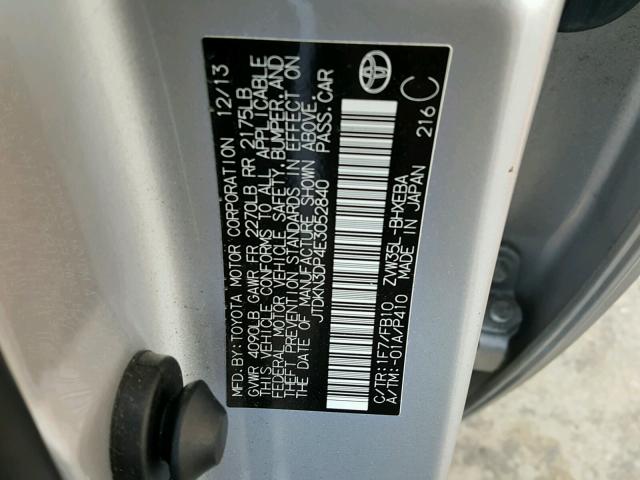 JTDKN3DP4E3052840 - 2014 TOYOTA PRIUS PLUG SILVER photo 10