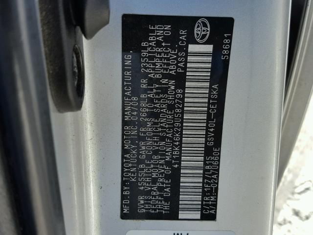 4T1BK46K29U582798 - 2009 TOYOTA CAMRY SE SILVER photo 10