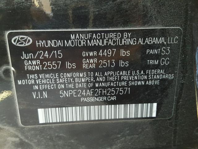 5NPE24AF2FH257571 - 2015 HYUNDAI SONATA SE BLACK photo 10