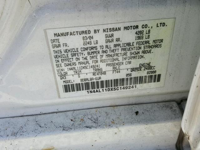 1N4AL11DX5C149241 - 2005 NISSAN ALTIMA S WHITE photo 10