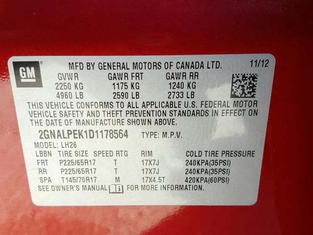 2GNALPEK1D1178564 - 2013 CHEVROLET EQUINOX LT RED photo 10