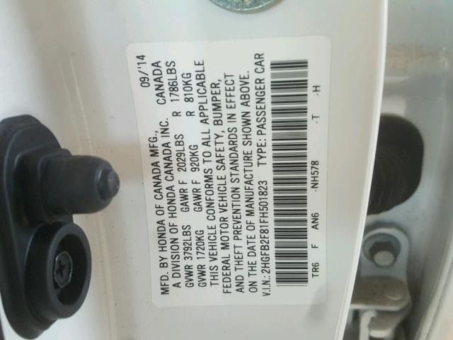 2HGFB2F81FH501823 - 2015 HONDA CIVIC EX თეთრი ფოტო 10