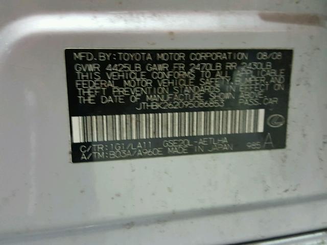 JTHBK262095086853 - 2009 LEXUS IS 250 SILVER photo 10