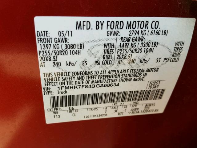 1FMHK7F84BGA68634 - 2011 FORD EXPLORER L RED photo 10