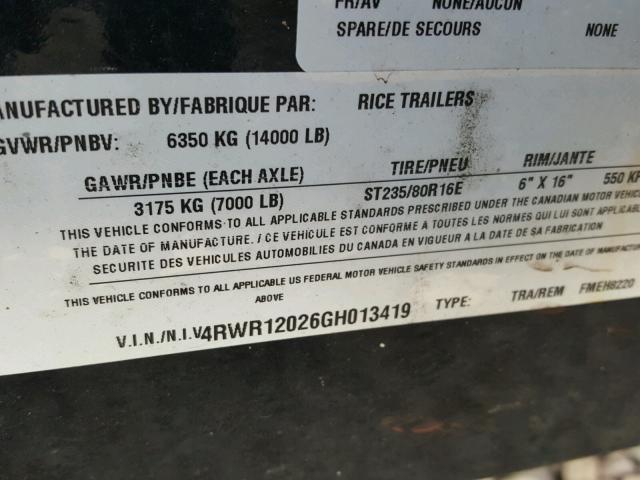 4RWR12026GH013419 - 2016 RICE TRAILER BLACK photo 10