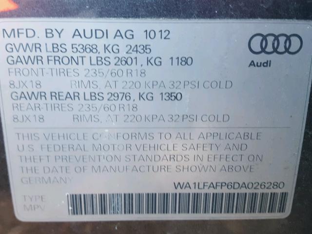 WA1LFAFP6DA026280 - 2013 AUDI Q5 PREMIUM GRAY photo 10