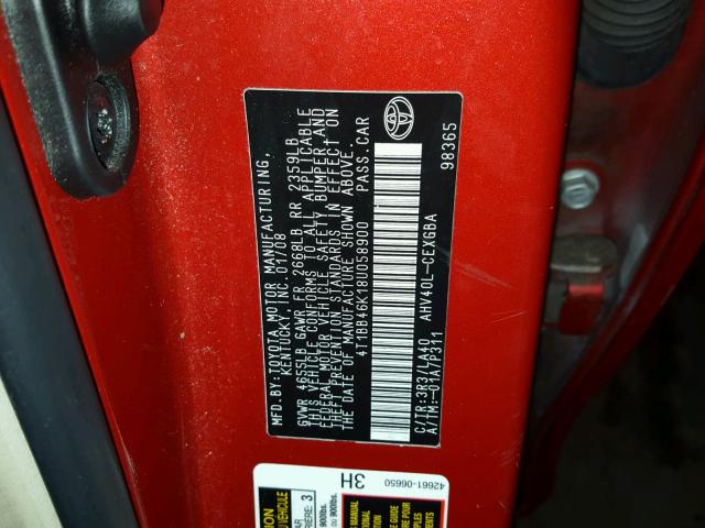 4T1BB46K18U058900 - 2008 TOYOTA CAMRY HYBR RED photo 10