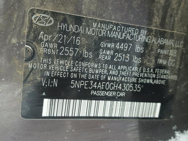 5NPE34AF0GH430535 - 2016 HYUNDAI SONATA SPO GRAY photo 10