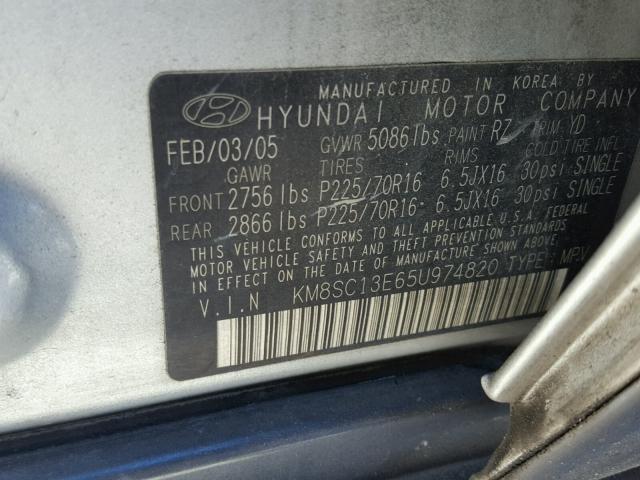 KM8SC13E65U974820 - 2005 HYUNDAI SANTA FE G SILVER photo 10