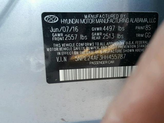 5NPE24AF3HH455787 - 2017 HYUNDAI SONATA SE SILVER photo 10