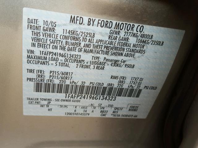 1FAFP24196G134323 - 2006 FORD FIVE HUNDR SILVER photo 10