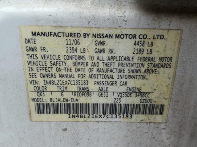 1N4BL21EX7C135183 - 2007 NISSAN ALTIMA 3.5 WHITE photo 10